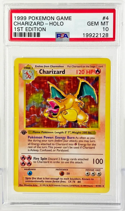 1999 Pokémon Game #4 Charizard Holo 1st Edition, graded PSA 10 Gem Mint